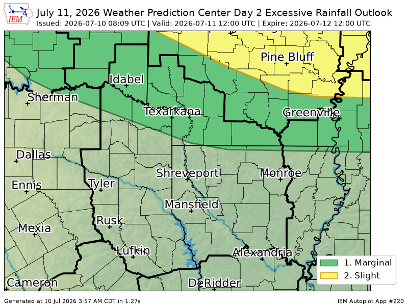 ArkLaMissWX's tweet photo. WPC issues Day 2 Marginal Risk Excessive Rainfall Outlook at Jul 10, 8:09z for SHV https://t.co/SrLeBFUCzU https://t.co/hbmkYKIYEy