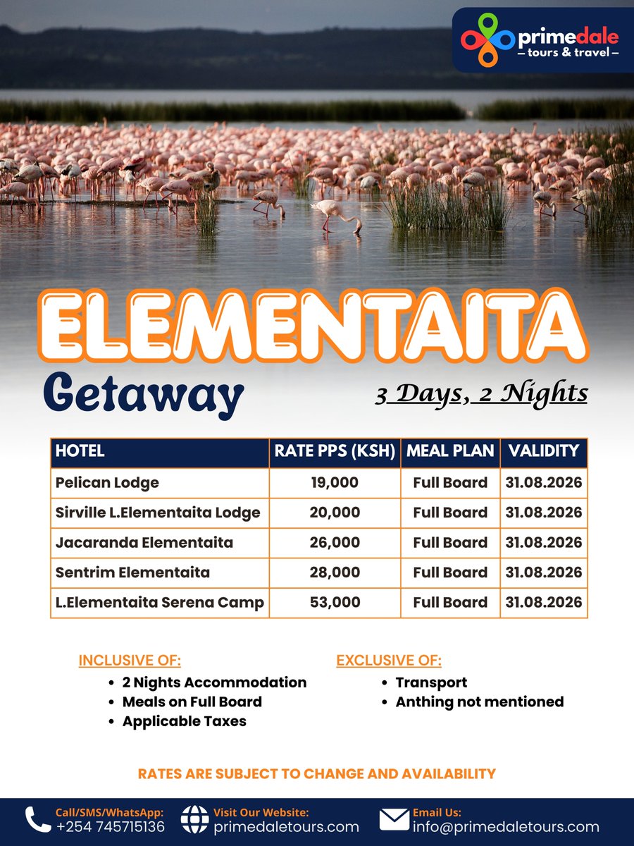 primedaletours's tweet photo. Elementaita Tour Package
Slow down and experience the serenity of Lake Elementaita, where stunning landscapes, abundant birdlife, and luxury lakeside stays come together to create the perfect weekend getaway.
Things to do in Elementaita:
✔️ Bird watching,  
✔️ Nature walks https://t.co/utZQ270R72