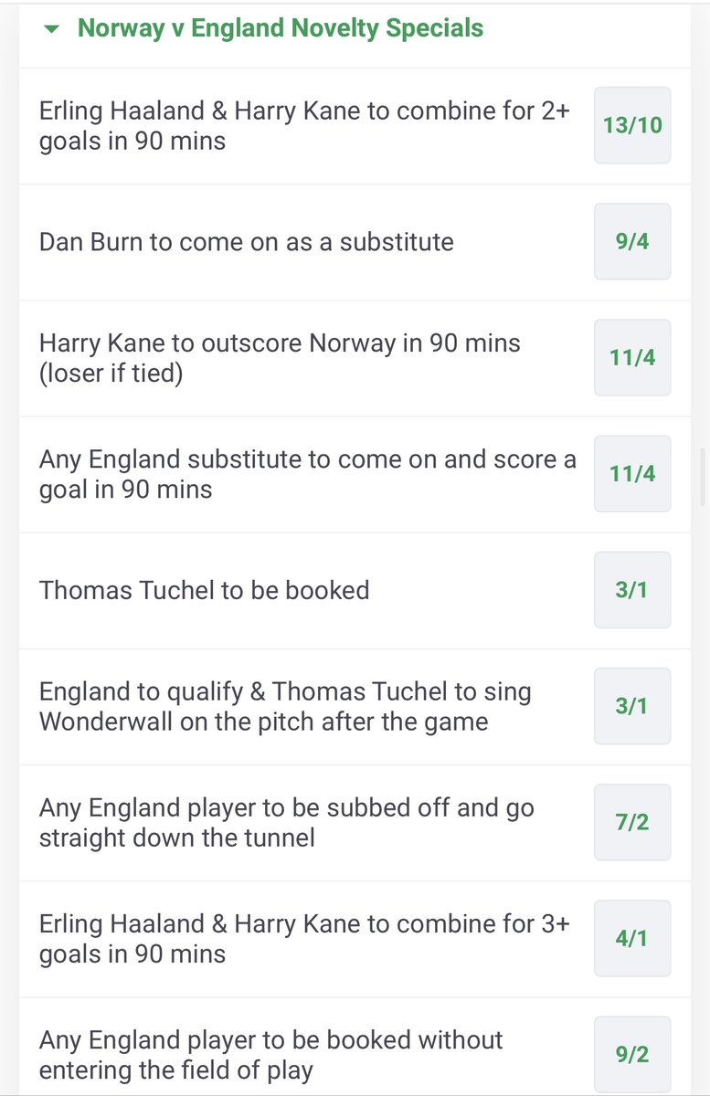 paddypower's tweet photo. Our traders have priced up some Norway v England novelty specials...

9/2 for any England player to get booked without entering the field of play

18/1 for Dan Burn to repeat his long range header

More available onsite: https://t.co/9QvcIYkMr3 https://t.co/lDeG438HvD