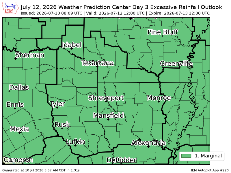 ArkLaMissWX's tweet photo. WPC issues Day 3 Marginal Risk Excessive Rainfall Outlook at Jul 10, 8:09z for SHV https://t.co/SrLeBFUCzU https://t.co/wm68qC77oE