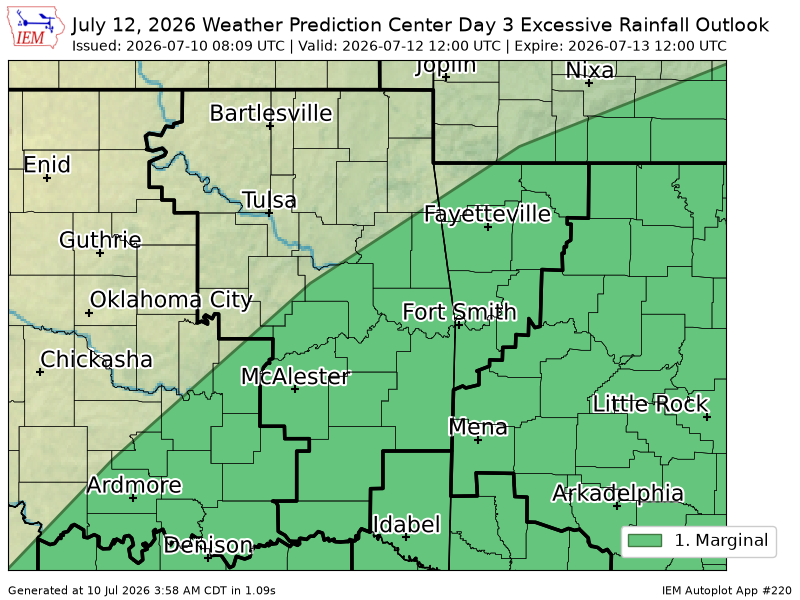 225Arkansas's tweet photo. WPC issues Day 3 Marginal Risk Excessive Rainfall Outlook at Jul 10, 8:09z for TSA https://t.co/Ucexyv72FK https://t.co/6P8IsJ0v2s
