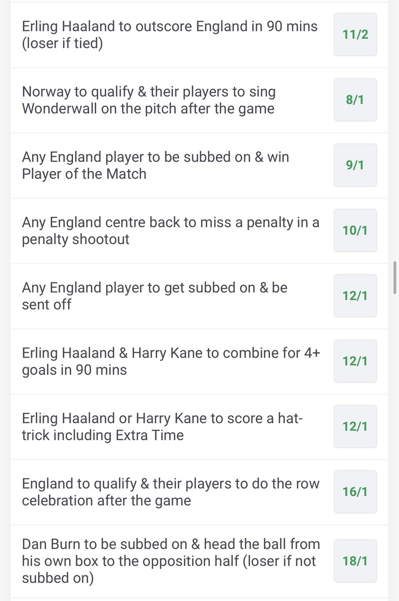 paddypower's tweet photo. Our traders have priced up some Norway v England novelty specials...

9/2 for any England player to get booked without entering the field of play

18/1 for Dan Burn to repeat his long range header

More available onsite: https://t.co/9QvcIYkMr3 https://t.co/lDeG438HvD
