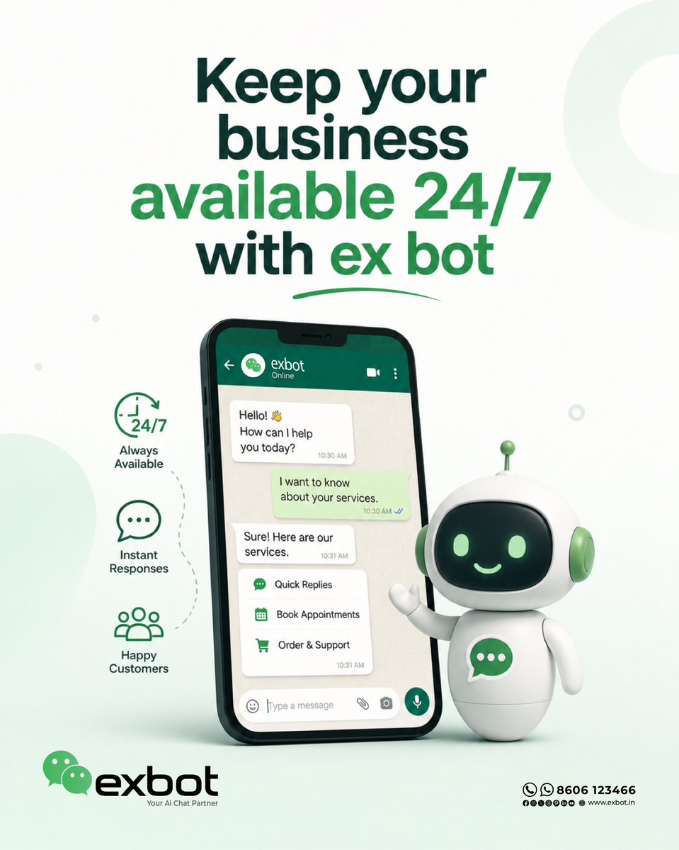 exbotai's tweet photo. Always Online. Always Responsive. 24/7 with exbot. 🤖💬

Connect with us : +91 8606123466
🌐https://t.co/dHkdGwN2Nw

#exbot
#WhatsAppAutomation
#chatbot
#automation
#exmedia
#exedu
#extechnology https://t.co/Loa05aUL0l