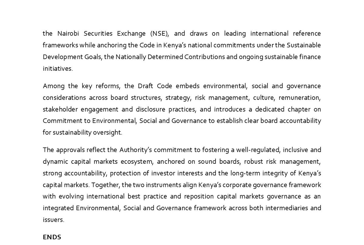 CMAKenya's tweet photo. PRESS RELEASE.

CMA APPROVES NEW CORPORATE GOVERNANCE REGULATIONS FOR MARKET INTERMEDIARIES AND DRAFT ESG CODE FOR ISSUERS OF SECURITIES https://t.co/aZ4TltuxUt