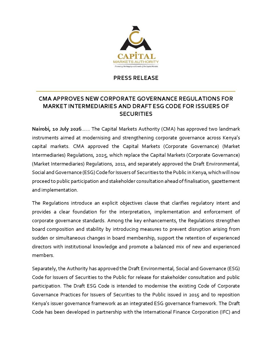CMAKenya's tweet photo. PRESS RELEASE.

CMA APPROVES NEW CORPORATE GOVERNANCE REGULATIONS FOR MARKET INTERMEDIARIES AND DRAFT ESG CODE FOR ISSUERS OF SECURITIES https://t.co/aZ4TltuxUt