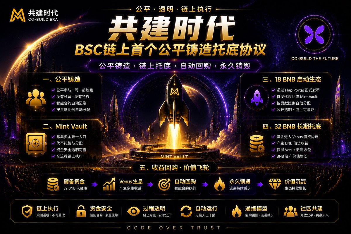 Flapgjsd's tweet photo. 共建时代（Co-Build Era）
BSC 链上首个公平铸造托底协议
在过去的加密市场中，
很多项目解决了「如何发行」，
但很少解决：
发行之后，价值如何持续沉淀？
共建时代希望打造一种新的链上模型：
让代币从诞生开始，
就拥有透明的发行规则、
确定性的资金路径、
自动化的价值支撑。
这就是：
铸造托底协议（Mint Backstop Protocol）
 
⸻
 
一、公平铸造：没有预留，没有特权
共建时代采用公平铸造模式。
所有参与者：
同一起跑线
同一规则
同一时间窗口
不存在：
❌ 团队预留 ❌ 私募额度 ❌ 特殊份额 ❌ 人为分配
每一份贡献，
都由智能合约记录。
最终获得的代币数量，
按照链上贡献比例自动计算。
规则公开，
过程透明。
 
⸻
 
二、Mint Vault：协议唯一资金中心
所有募集资金进入：
Mint Vault
它不是普通钱包，
而是整个协议的核心执行模块。
Mint Vault 负责：
✅ 募资管理 ✅ 正式代币发行 ✅ 代币托管 ✅ 储备资金管理 ✅ Venus 生息 ✅ 自动回购 ✅ 永久销毁
所有资金流向，
全部由链上合约执行。
 
⸻
 
三、18 BNB：启动正式生态
募集完成后：
其中：
18 BNB
用于通过 Flap 官方 Portal 完成正式代币 Launch。
首发获得的代币：
不会进入任何个人钱包。
而是：
自动回流 Mint Vault。
随后：
按照每个地址的贡献比例，
由智能合约自动分配。
没有人工操作。
没有人为干预。
 
⸻
 
四、32 BNB：构建长期托底储备
剩余：
32 BNB
进入协议储备。
不会进入团队钱包。
不会被人为调用。
而是：
存入 Venus 借贷协议。
产生：
BNB 生息收益
Venus 激励收益
储备资产增长
让资金持续产生价值。
 
⸻
 
五、收益回购：形成价值飞轮
协议收益不会被提取。
所有收益，
最终用于：
回购正式代币并永久销毁。
完整循环：
32 BNB 储备

↓

Venus 生息

↓

产生收益

↓

自动回购

↓

代币销毁

↓

流通减少

↓

价值沉淀
这形成一个持续运行的链上价值飞轮。
 
⸻
 
六、链上规则，而不是人为承诺
共建时代最大的区别：
不是依赖某个人。
而是依赖代码。
核心规则：
发币参数提前锁定
Token 地址可提前验证
首发资金自动托管
用户按比例领取
储备资金不可挪用
回购流程自动执行
所有结果：
都可以链上验证。
 
⸻
 
七、为什么叫「共建时代」
因为未来的生态，
不应该由少数人决定。
而应该由：
社区参与、
透明规则、
链上共识，
共同推动。
每一个参与者，
都是生态建设的一部分。
 
⸻
 
共建时代
Co-Build The Future
公平铸造。
链上托底。
自动回购。
永久销毁。
从诞生开始，
让价值规则写入代码。
Code Over Trust.
 
⸻
 
#CoBuildEra #BNBChain #DeFi #FairLaunch #Web3
#Flap
