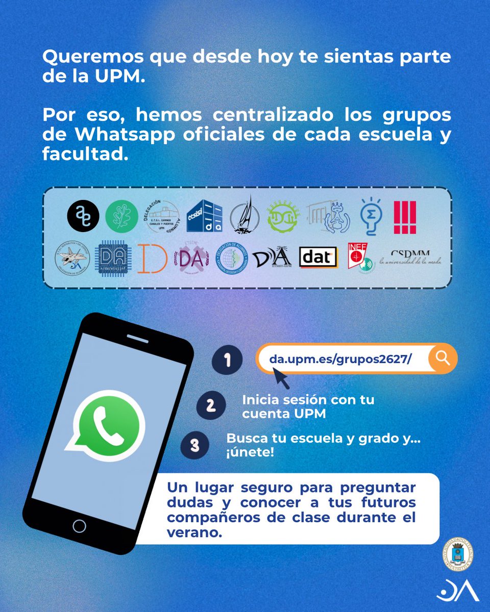 ce_upm's tweet photo. ¡Bienvenidx a la UPM! 🤗

¿Quieres resolver alguna duda o simplemente charlar con tus futuros compañeros? Inicia sesión con tu cuenta UPM, busca tu centro y únete al grupo de Whatsapp que te corresponda 🙌🏽

🔗 https://t.co/tbJ14dTQGQ

#queydondeestudiar26
#queydondeestudiar2026 https://t.co/agYxtNfZdk