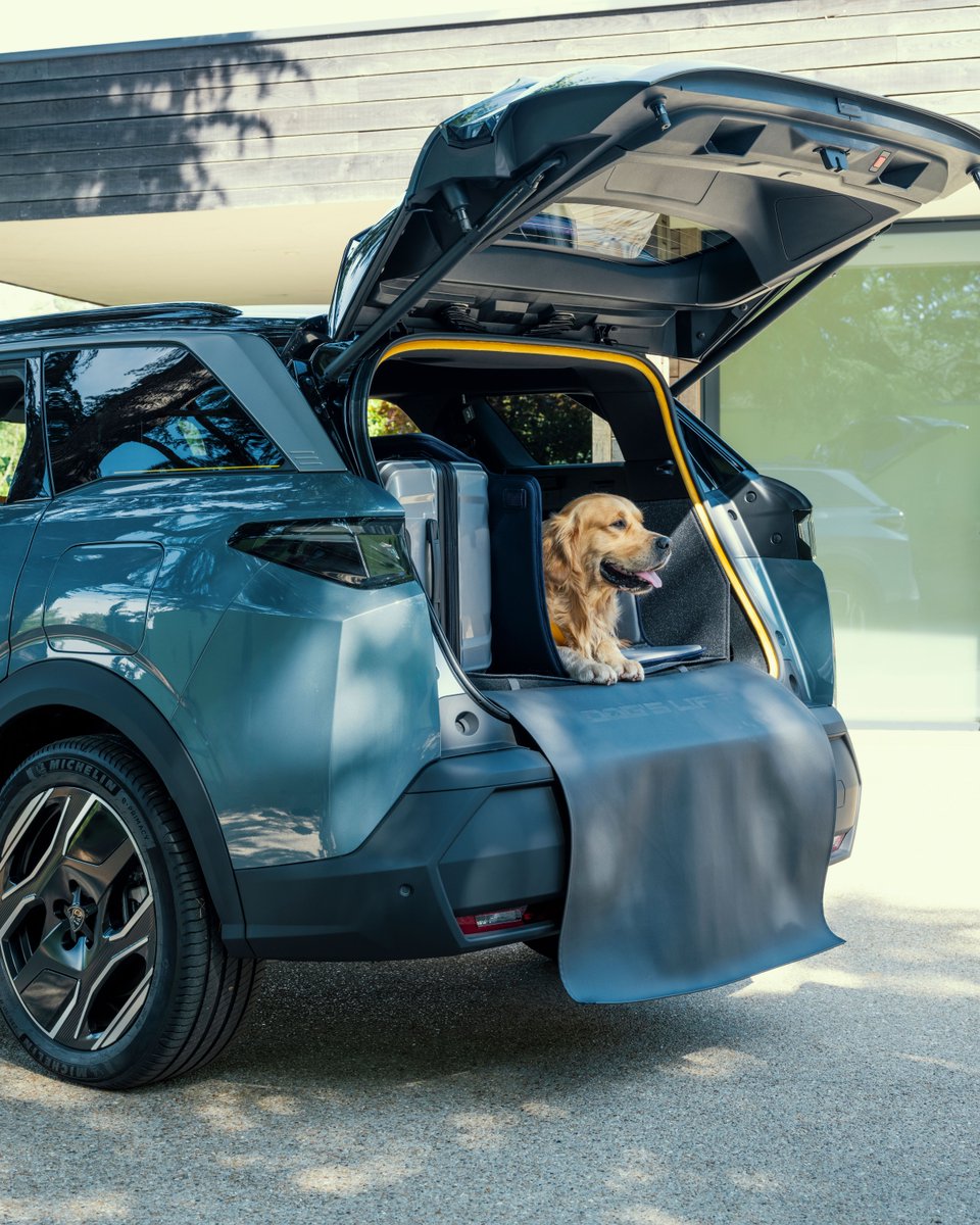 Peugeot's tweet photo. Feline standing. Canine heart. Meet the #PeugeotE5008 #DogEditionConcept – a one-of-a-kind creative exploration for dogs and the families who love them. #Peugeot #DogEdition #5Seats https://t.co/899uoEyPSE