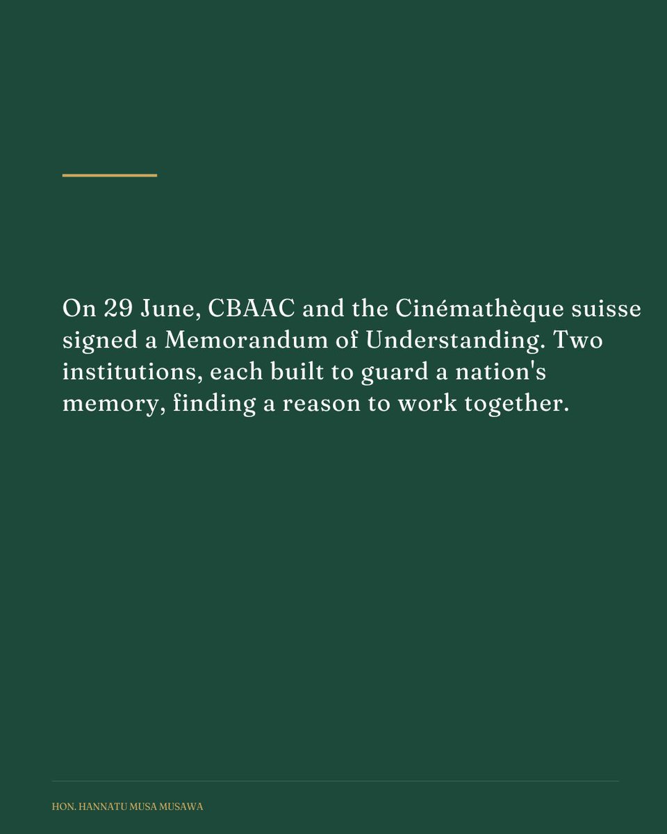 hanneymusawa's tweet photo. In 1977, fifty-nine Black and African nations gathered in Lagos for FESTAC '77. When it ended, we made a promise: to keep safe the record of a continent speaking to itself.

CBAAC was built to keep that promise — the only institution of its kind anywhere, custodian not of one nation's heritage, but of a shared continental moment.

On June 29, we welcomed Switzerland to that promise. CBAAC and the Cinémathèque suisse signed a Memorandum of Understanding — two institutions, each built to guard a nation's memory, finding a reason to work together.

Heritage is not a relic to file away. It is a living foundation this nation keeps building on.

Next year, CBAAC turns fifty.

#CBAAC #FESTAC77 #FMACTCE #AfricanHeritage #Switzerland #CulturalDiplomacy