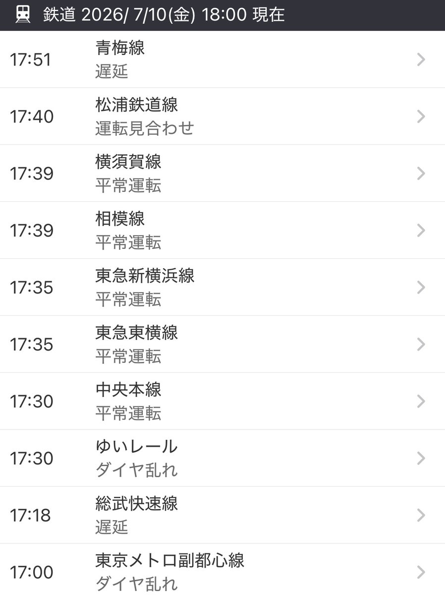 🌆夕方の鉄道運行情報(7/10 18:00現在) ・青梅線 ⇒ 遅延 ・松浦鉄道線