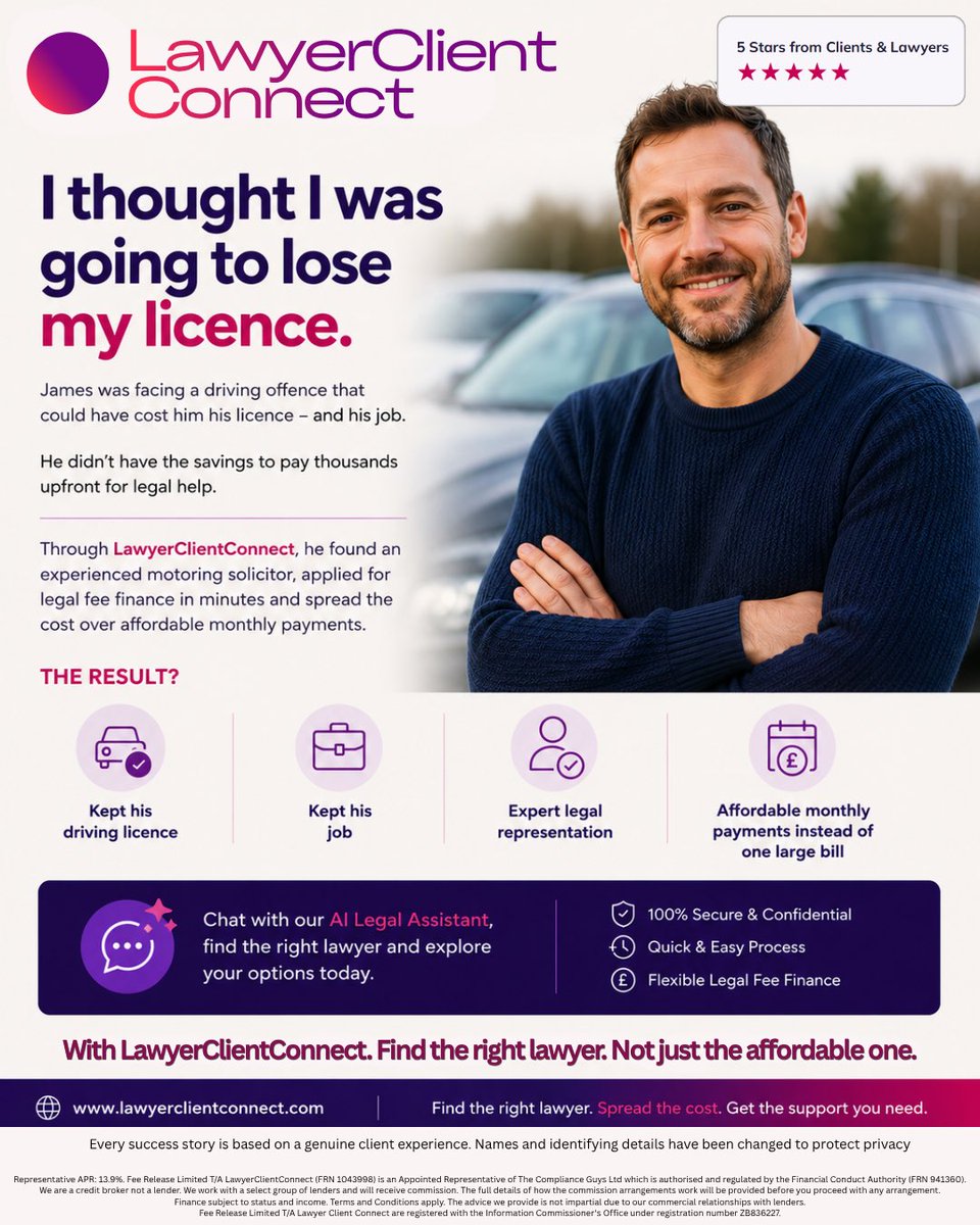 LawyerclientLCC's tweet photo. The right legal representation shouldn’t be out of reach because of cost.

Find an experienced solicitor and, if eligible, spread the cost of your legal fees with flexible monthly payments.

🌐 https://t.co/Yhn91WVq1V

#LegalFinance #MotoringLaw #LegalSupport #AccessToJustice https://t.co/M0TQlh0M4d