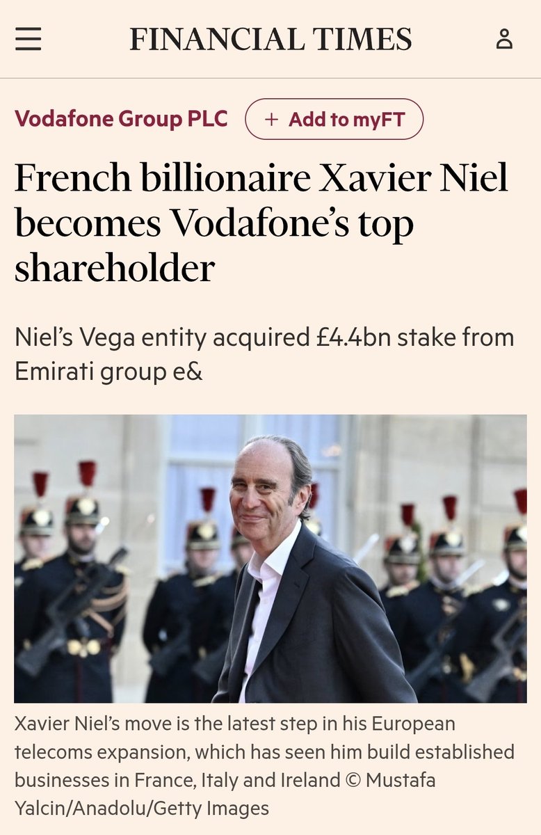 IvanHri91235556's tweet photo. $ASTS
🚨Big moves in telecom: French billionaire Xavier Niel (founder of Iliad/Free) just became Vodafone’s largest shareholder by acquiring a ~16.2% stake for ~$6bn via his vehicle Vega.
https://t.co/sNhpKbTmx2 https://t.co/nqNDGrVkSI