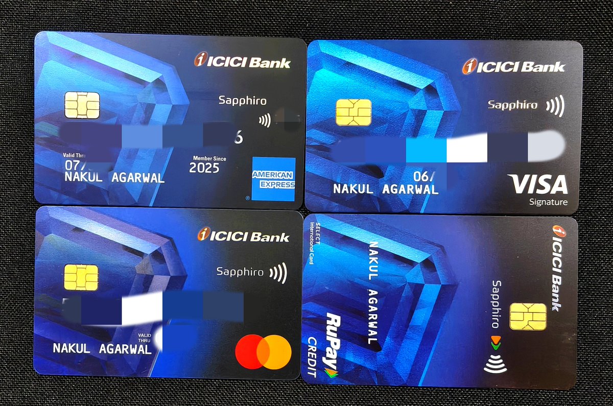 creditcardwalah's tweet photo. 🌍 All 4 Card Networks. One Frame. 💳✨

ICICI Sapphiro in all four variants:

💜 Visa 
🧡Mastercard
💚 RuPay
💙 American Express

Which network is your favorite? 👀

#ICICIBank #CreditCards #Visa #Mastercard #RuPay #Amex #ccgeeks https://t.co/jQq6rb4Apd