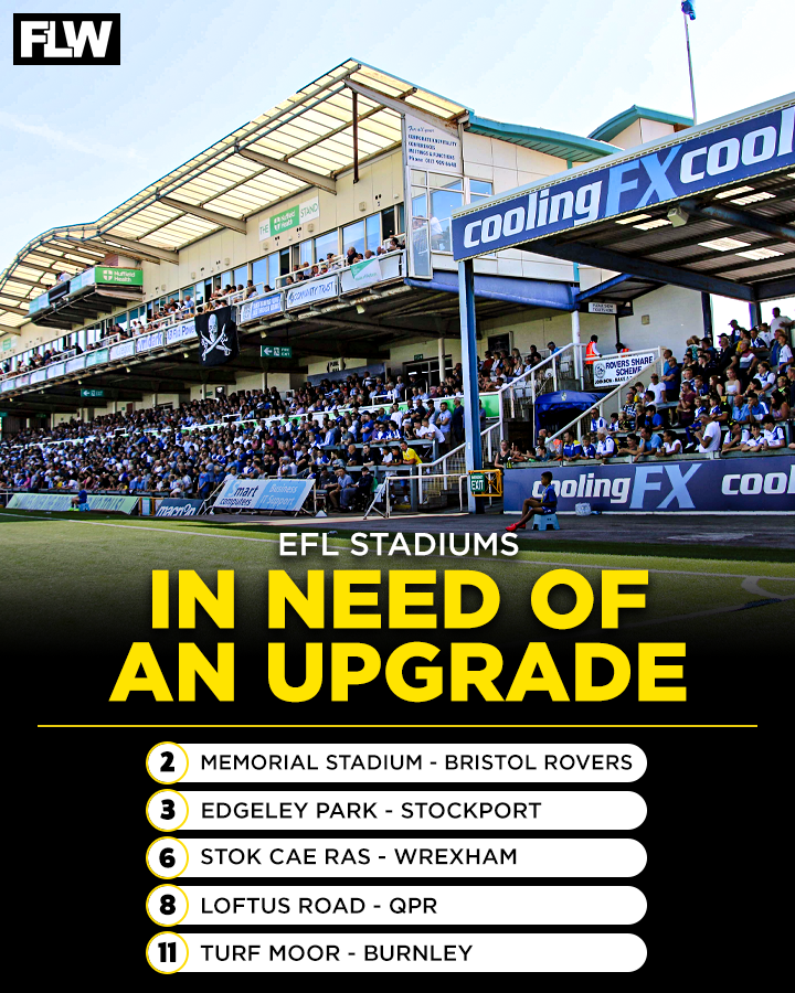 FootballLeagueW's tweet photo. 🏟️ Which EFL stadium is crying out for a makeover? 👀

We've picked 11 EFL grounds that could do with a serious upgrade...
 
Link to full list in the comments 👇🔗 https://t.co/Q8IjOdN2Kx