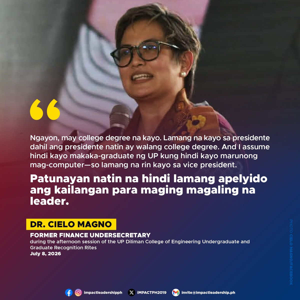 iMPACTPH2019's tweet photo. CIELO MAGNO TO UP ENGINEERING GRADUATES: BUILD INDUSTRIES, NOT JUST CAREERS

https://t.co/1kP6oYWzlk https://t.co/lofhcJc3dY