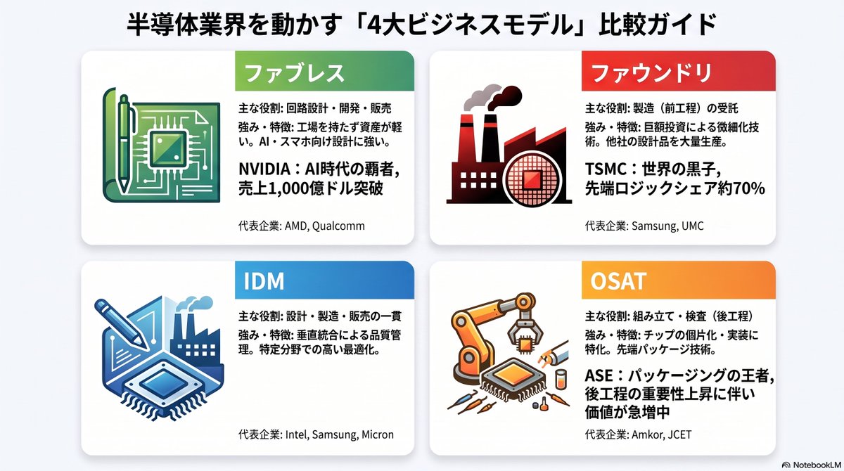 kqkkunn0418's tweet photo. ニュースでよく聞く半導体業界の「4大ビジネスモデル」をインフォグラフィックでまとめました📊✨ 🧠設計特化の「ファブレス」(NVIDIA等) https://t.co/zJ73Hj4dSO #半導体 #ファウンドリー #ファブレス#IDM #OSAT #TSMC #NVIDIA #Intel #テクノロジー #図解 https://t.co/MmPD83XVtU