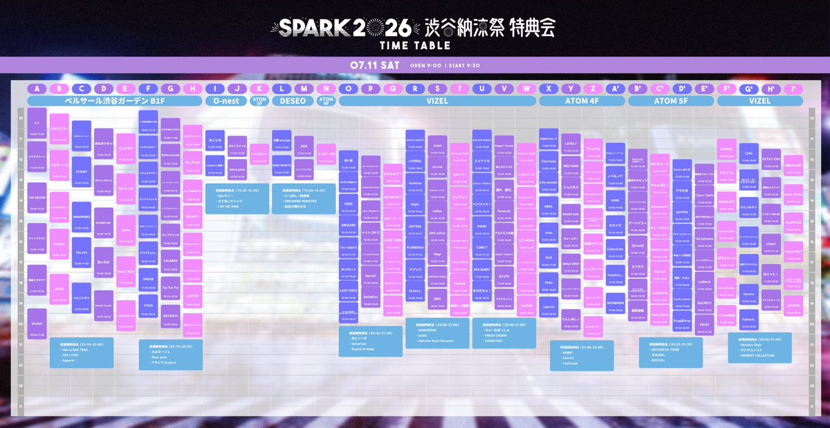 Laplus_gr's tweet photo. 7月11日(土)
SPARK2026 渋谷納涼祭🌈
会場　ベルサール渋谷 ほか複数会場フェス
時間　9:00開場／9:30開演
料金　一般 4,000円・VIP 15,000円（各1D別）

🎁ルーレット特典
🕋LIVE STAGE GUILTY
16:35-16:50🎤ライブ
17:05-18:05 📸ATOM5Ｆ　Ｂ'
https://t.co/hMYbMdzbyA https://t.co/UlegYjHqrS