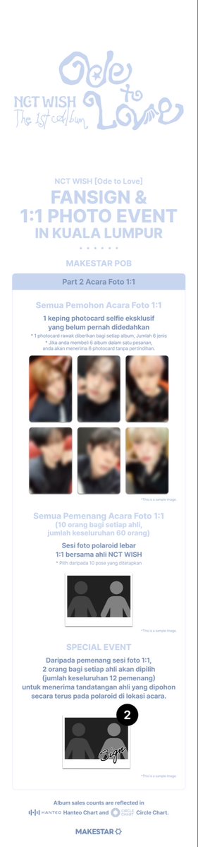 Makestarcorp's tweet photo. NCT WISH [Ode to Love] FANSIGN & 1:1 PHOTO EVENT in KUALA LUMPUR

📅Tarikh dan masa acara: 2026.08.02 (Sun)

⏰Tempoh Permohonan: Until 2026.07.14 (Tue) 23:59 KST

📝Part 1 Sesi Tandatangan Bersemuka Terbuka
- Applicant Benefits - kad foto swafoto yang belum dikeluarkan
- Winner Benefits - 1 set photocard eksklusif pemenang (6 keping)
👉Jumlah pemenang: 50 orang

📸 Part 2 Acara Foto 1:1
- Applicant Benefits - kad foto swafoto yang belum dikeluarkan
- Winner Benefits - Sesi foto polaroid lebar 1:1 bersama ahli NCT WISH
👉Jumlah pemenang: 60 orang (10 orang bagi setiap ahli)

* Pelbagai penyertaan dan pelbagai kemenangan dibenarkan merentasi Bahagian 1 dan Bahagian 2.

🔗https://t.co/4QlzRhpi8d

#NCTWISH #엔시티위시 #MAKESTAR
#MakestarxNCTWISHfansignandphotoevent