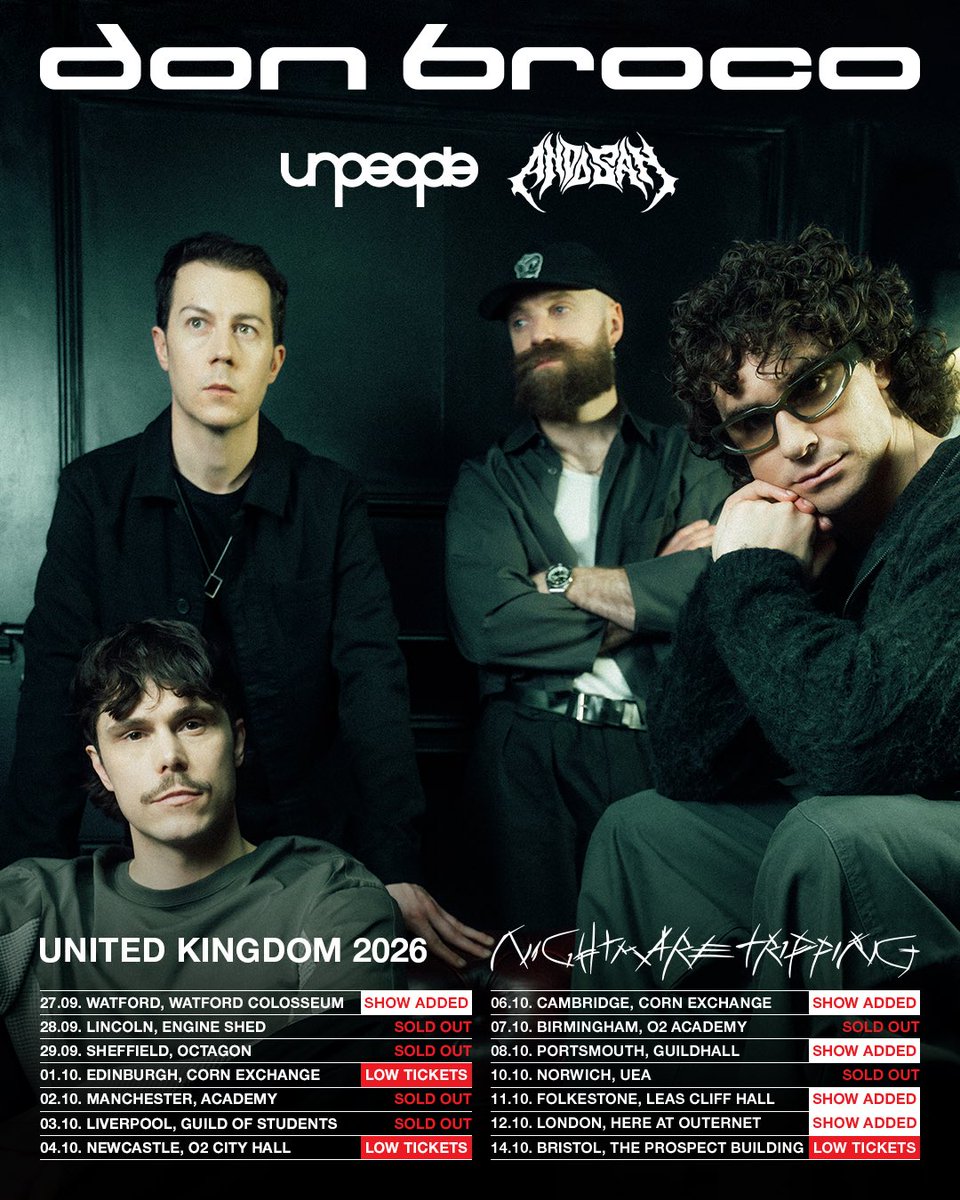 DONBROCO's tweet photo. NIGHTMARE TRIPPING UK SEPTEMBER // OCTOBER WITH UNPEOPLE AND ANDO SAN. NEW SHOWS IN LONDON, WATFORD, CAMBRIDGE, FOLKESTONE AND PORTSMOUTH ARE ON SALE NOW 🤜🤛

https://t.co/30NOe47Ni1 https://t.co/gOrDij3aF7