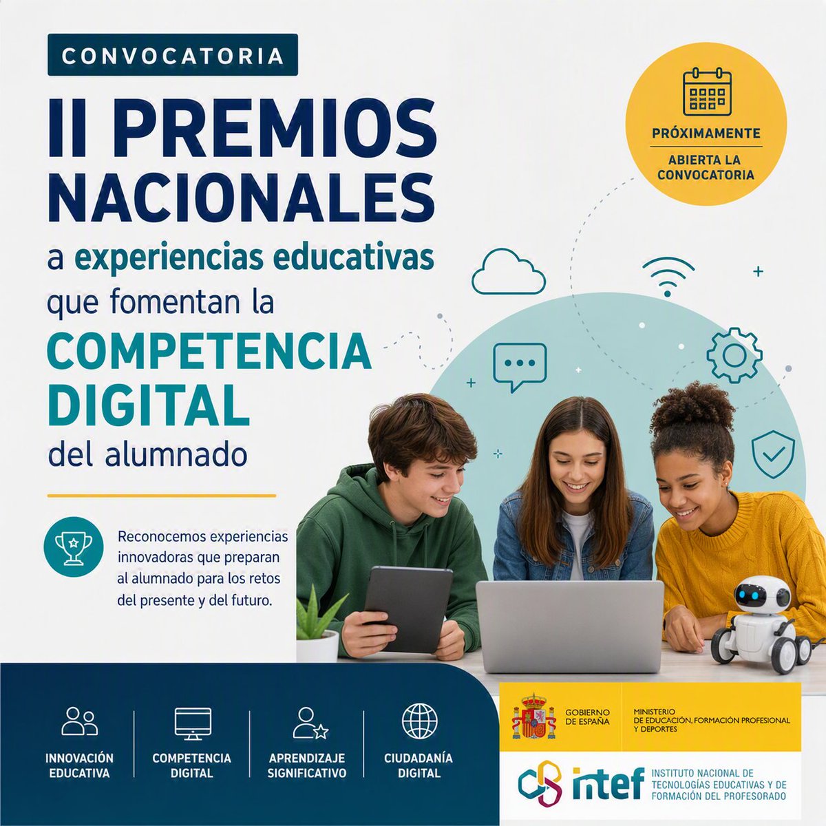 CompDigEdu_SA's tweet photo. 📢Convocados los II Premios Nacionales a experiencias educativas que fomentan la competencia digital del alumnado.
Una oportunidad para reconocer la innovación en las aulas y el aprendizaje para el futuro.
👉Consulta y participa
#CompetenciaDigital #InnovaciónEducativa #Educación https://t.co/7rmkJ6CaAh