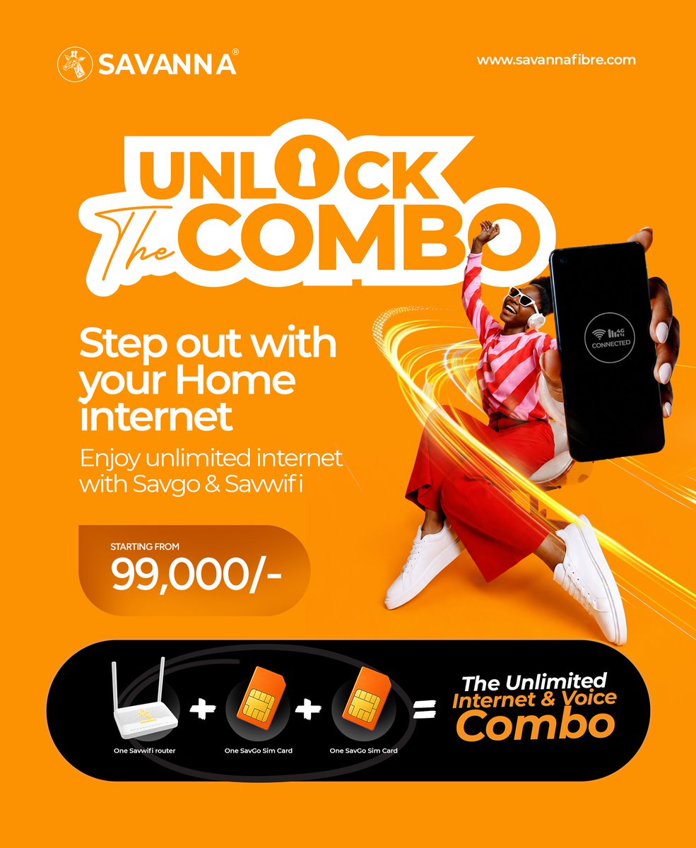 savanna_ug's tweet photo. Why choose one when you can have both?
Unlock the COMBO with SavWifi Router + 2 SavGo SIM Cards from UGX 99,000 and enjoy seamless connectivity wherever life takes you.
Visit your nearest Savanna Shop today.
#SavGo #SavWifi #UnlockTheCOMBO #UnlimitedInternet https://t.co/b2RNhq7O4n