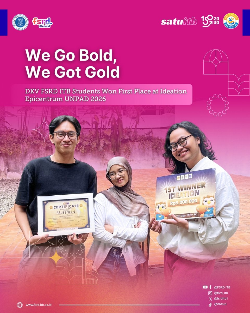 fsrditb1's tweet photo. DKV FSRD ITB Students Won First Place at Ideation Epicentrum UNPAD 2026.

A proud achievement for Team SalBenLen Benedictus Alfian Wibisono, Salma Nur Faizah, and Valentino Matthew Daniel Hutabarat students of Visual Communication Design (DKV) ITB Class of 2022.
.
#itb #fsrditb https://t.co/PmWywCzSiR