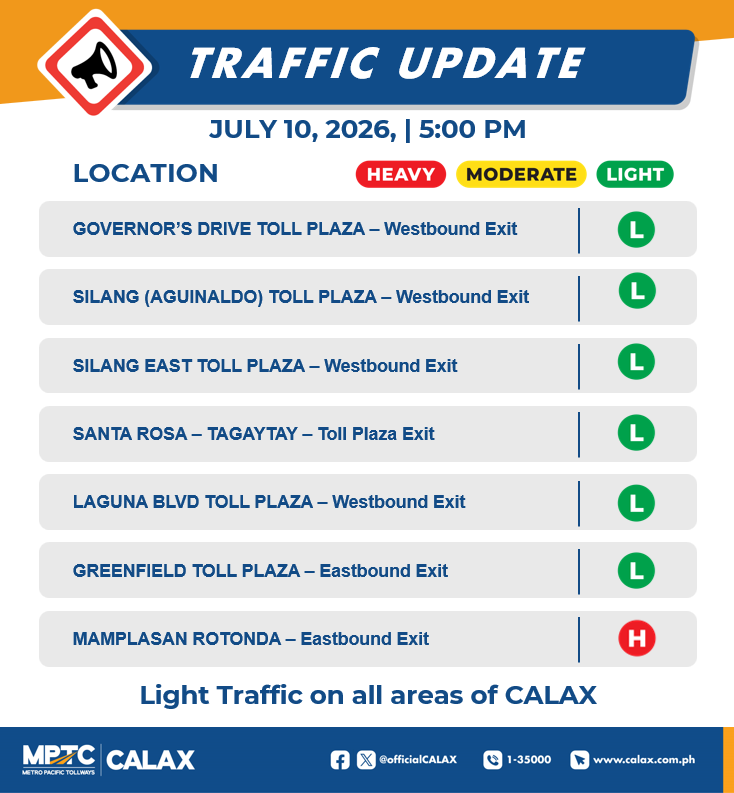 OfficialCALAX's tweet photo. July 10,2026 | 5:00 PM
Incase of Emergencies and Assistance 
Dial 24/7 Hotline 1-35000 
Check your BLOWBAGETS 
Drive safe Ka-Drayberks! https://t.co/Xp9ao80Rt0