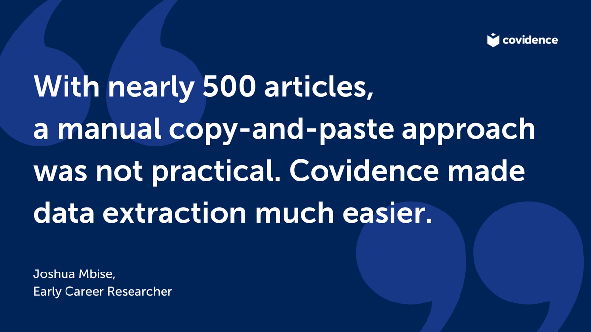 Covidence's tweet photo. Still using spreadsheets to extract data? Joshua was working through nearly 500 articles - Covidence helped make data extraction structured, faster, and easier to manage. Read his story 👉 https://t.co/52zBbkmbxK

Or try data extraction in Covidence for yourself! https://t.co/uLUVRCbJ8h