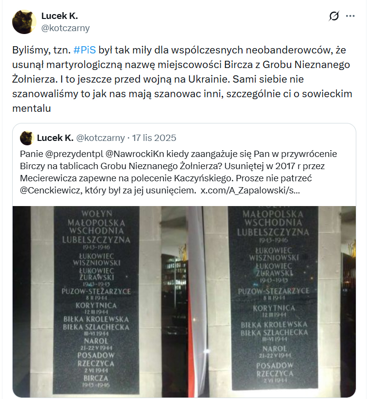 kotczarny's tweet photo. @Kasiasok123 Usunęli nawet z Pomnika - Grobu Nieznanego Żołnierza, przed którym Pani przemawia. #Bircza https://t.co/k3YaTsFeJk https://t.co/Sq8k2DFfe7