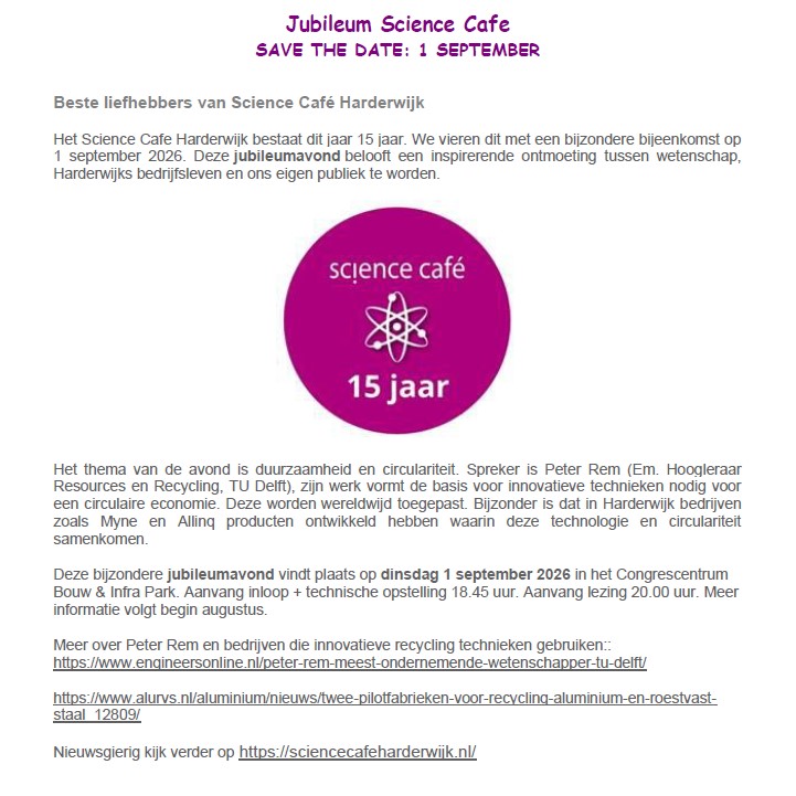 sciencecafehw's tweet photo. Het Science Cafe Harderwijk bestaat 15 jaar. Dit lustrumjaar wordt gevierd met een bijzondere presentatie op een bijzondere locatie. 
SAVE THE DATE 1 september a.s. https://t.co/2WulRvF111
