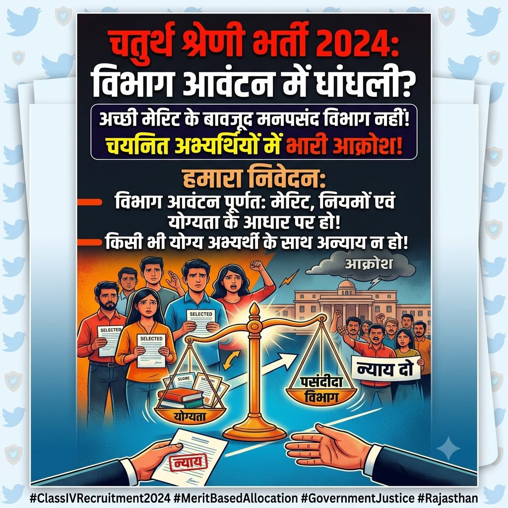 Dhebanaofficial's tweet photo. चतुर्थ श्रेणी भर्ती 2024 में अच्छी मेरिट के बावजूद चयनित अभ्यर्थियों को मनपसंद विभाग नहीं मिला। विभाग आवंटन मेरिट व नियमों के आधार पर किया जाए, यही हमारी मांग है।

अभ्यार्थियों को कोर्ट के चक्कर न लगाने पड़े इसलिए तुरंत प्रभाव से इसपर एक्शन लिया जाए 
@BhajanlalBjp 
@madandilawar https://t.co/3RQY5GIXYB