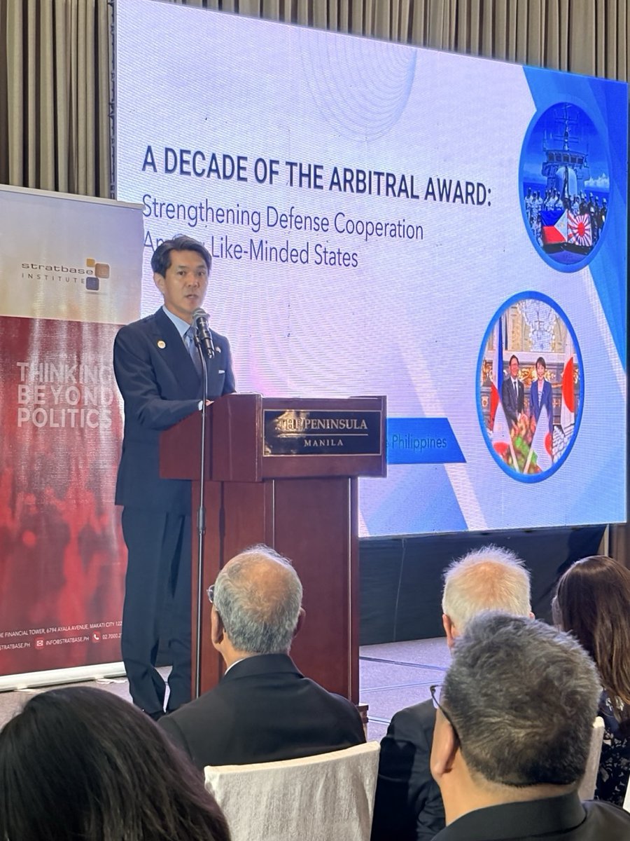 AmbJPNinPH's tweet photo. Joined like‑minded partners at the 10th anniversary of the 2016 South China Sea Arbitral Award &amp; reaffirmed the Award is final and legally binding under UNCLOS. Commended the 🇵🇭’s consistent compliance &amp; 🇯🇵 will continue to uphold a free and open rules‑based international order. https://t.co/0DjHFzCEpD