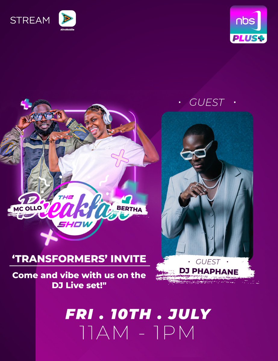 afromobileug's tweet photo. Who says you have to wait for nightfall to get groovy, especially on a Furah-hi-day? 

The #NBSPlusBreaKfastShow crew of @LuoboyOllo &amp; @berthankunzi have DJ Phaphane playing Bangers only, this morning.

On @nbsplusug TV:
https://t.co/wJqG531dyL

#AfroMobileUG | #NBSPlus https://t.co/KyLCEki2Y1