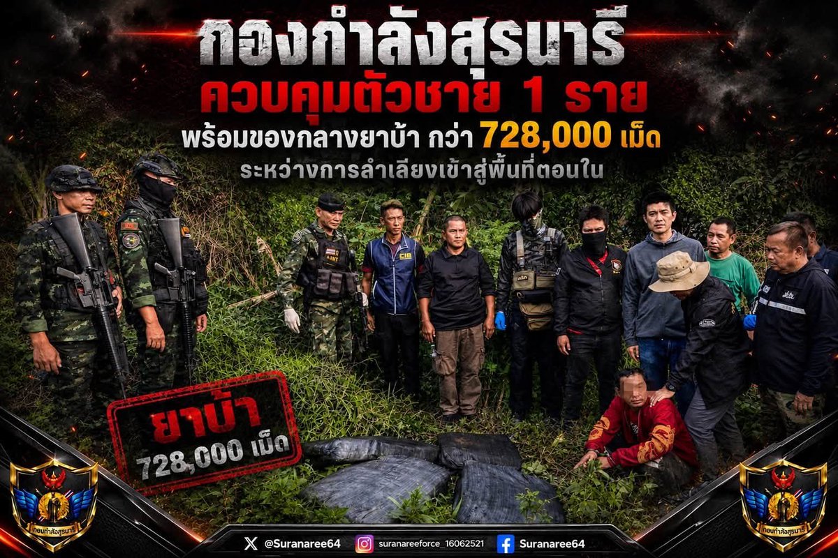 Pnkw4's tweet photo. “กองกำลังสุรนารี ควบคุมตัวชาย 1 ราย พร้อมของกลางยาบ้า กว่า 728,000 เม็ด ระหว่างการลำเลียงเข้าสู่พื้นที่ตอนใน”
#กองทัพภาคที่2 https://t.co/8jjaQI6AkY