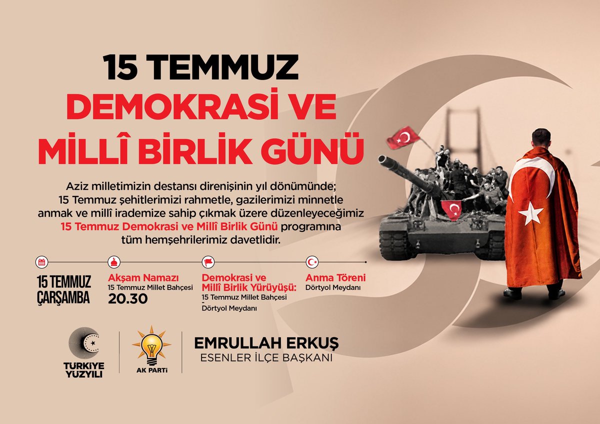 EmrullahErkus's tweet photo. Esenler vatanına sahip çıkıyor…
15 Temmuz gecesi, 15 Temmuz Millet Bahçemizden taşıyacağımız 253 metrelik şanlı bayrağımızla Dörtyol Meydanı’na yürüyoruz.
Şehitlerimizi rahmetle, gazilerimizi minnetle anıyor; o destanı unutmadığımızı ve unutturmayacağımızı bir kez daha haykırıyoruz.
#15Temmuz 🇹🇷