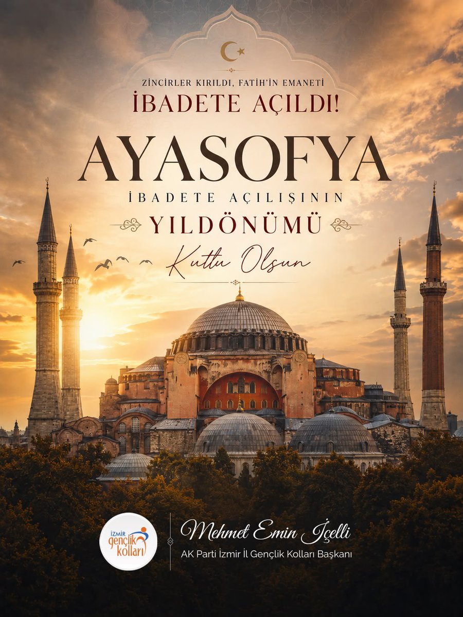 mehmeticelli35's tweet photo. Ayasofya-i Kebir Cami-i Şerifi’nin yeniden ibadete açılışının yıl dönümü mübarek olsun.

86 yıllık hasreti sona erdiren bu tarihi adım, milletimizin iradesinin ve kararlılığının en güçlü nişanelerinden biridir.
Cumhurbaşkanımız Sayın Recep Tayyip Erdoğan’a şükranlarımızla… 🇹🇷 https://t.co/GDXg2o399I
