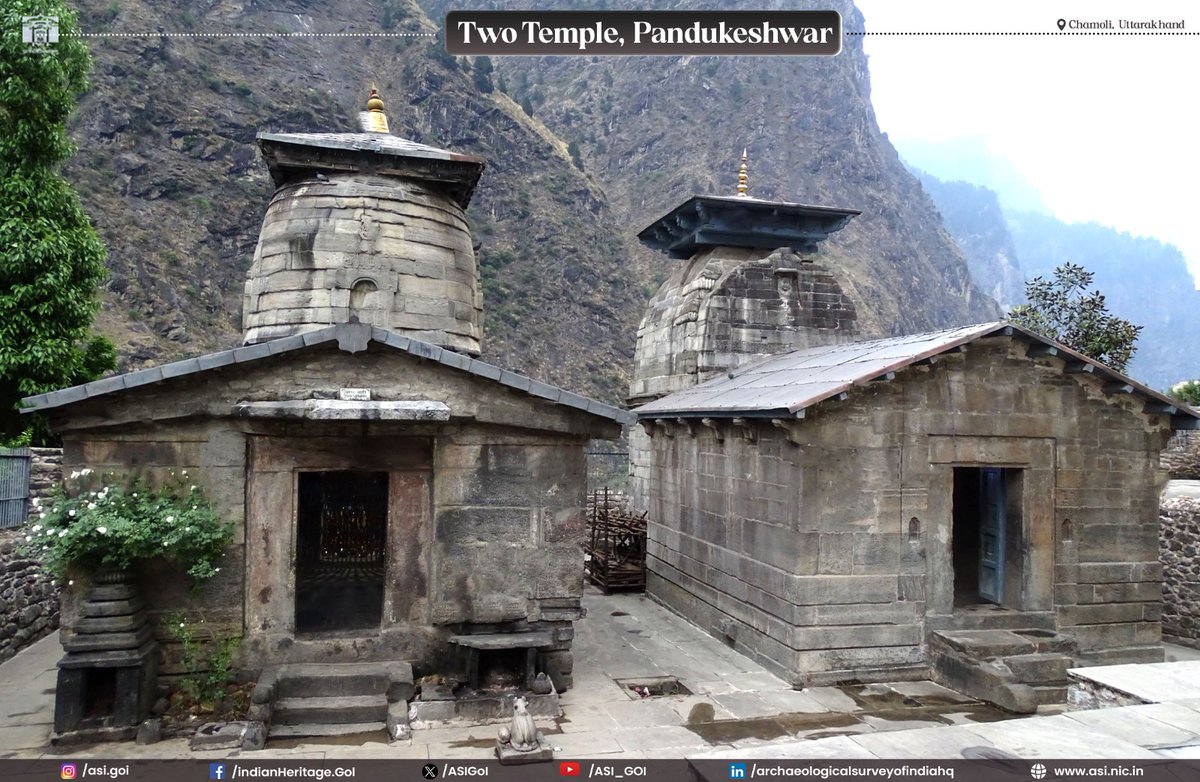 ASIGoI's tweet photo. Two Temples at Pandukeshwar, known as Yogadhyanbadri and Vasudevbadri, are dedicated to Vishnu and serve as the winter abode of the presiding deity of Badrinath temple. The temple complex, located in Chamoli, Uttarakhand, also includes the restored remains of another temple, locally known as the Laxminarayan Temple.

The Yogadhyanbadri Temple consists of a garbhagriha, antarala, and mandapa. It has a unique architectural design, with a square plan and a circular varandika that continues into the shikhara, giving the temple a cylindrical dome-like appearance. The Vasudevbadri Temple is a Rekha Shikhara temple. Stylistically, these temples are assignable to the 9th–10th century C.E.

The temples of Pandukeshwar are notable for their diverse architectural styles, showcasing a harmonious blend of Dravida and Nagara traditions.