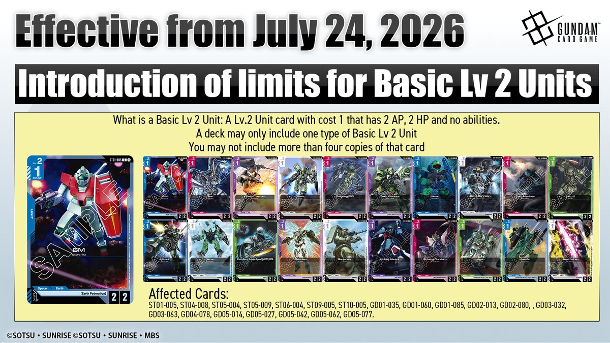 GUNDAM_GCG_ENG's tweet photo. To our Gundam Card Game players,

After reviewing tournament results, internal testing, and feedback from players around the world, we have decided to update the Banned & Restricted List, effective July 25.

We wanted to share this update as early as possible so players and event organizers can stay informed ahead of the changes.

Our goal is to foster an environment where a wide variety of decks and strategies can thrive. We hope this update will create more opportunities for different playstyles to succeed and contribute to a better overall gameplay experience.

We understand these changes may have a significant impact on players, and this was not a decision we made lightly. As the game continues to evolve, we will keep a close eye on the environment and continue listening to your feedback as we work together to make Gundam Card Game even better.

Thank you for your passion and continued support.

– The Gundam Card Game Development Team