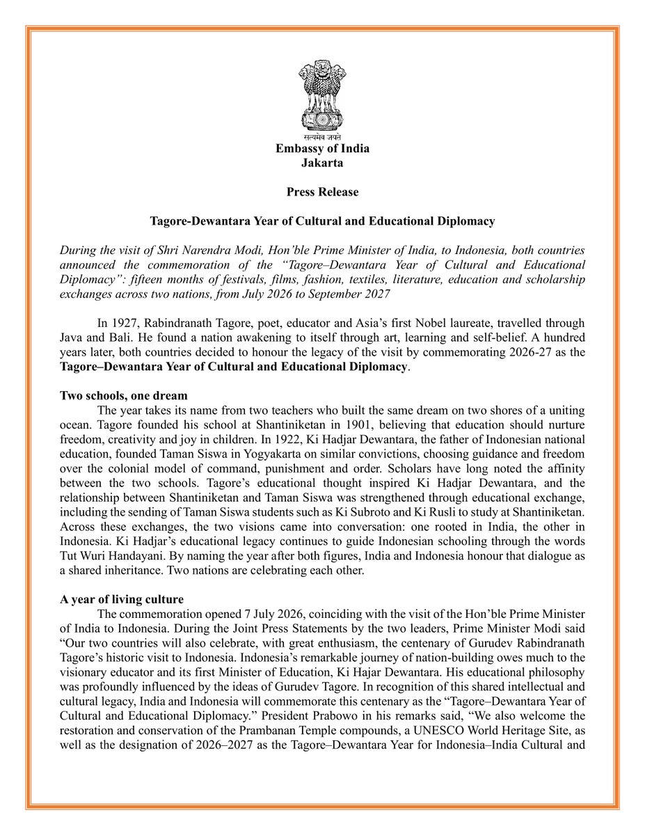 IndianEmbJkt's tweet photo. 🇮🇳✨🇮🇩 Celebrating 100 Years of a Shared Cultural Journey!

We are thrilled to announce the commemoration of the "Tagore-Dewantara Year of Cultural and Educational Diplomacy" from July 2026 to September 2027!

Naming this historic year after Asia’s first Nobel laureate, Rabindranath Tagore, and the Father of Indonesian National Education, Ki Hadjar Dewantara, India and Indonesia honor a deep civilizational dialogue of freedom, education, and art.

🗓️ What’s coming up across the Archipelago?
🧵 August 2026: Indian motifs meet Indonesian Batik at Indonesia Fashion Week. 
🎬 September 2026: Tagore Film Festival in Jakarta. 📝 From August 2026: Tagore-Dewantara school quizzes & Sanskrit learning initiatives. 
🏛️ January 2027: "Sarong to Saree" textile heritage exhibition.
Stay tuned as we celebrate festivals, literature, films, and academic exchanges over the next 15 months!

📍 Follow the journey at #TagoreDewantara100 & #TDYCED
#IndiaIndonesia #MitraSelamanya

@PMOIndia 
@MEAIndia 
@IndianDiplomacy 
@PIB_India 
@mygovindia 
@diaspora_india 
@sandiplomat 
@indiainmedan 
@cgibali 
@HcgiSurabaya