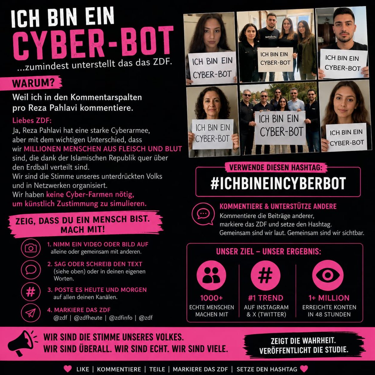 nida_banou's tweet photo. Iran-Bots: Was die Analyse zeigt – und was das ZDF-Reel daraus macht

Eine internationale Recherche analysierte 17,5 Millionen Kommentare unter Beiträgen großer Nachrichtenmedien.

Beim Thema Iran wurden koordinierte Einflusskampagnen und Bot-Netzwerke untersucht.

So weit, so gut.

Doch ein ZDFheute-Reel vermittelt den Eindruck, sowohl Regime-Anhänger als auch Pahlavi-Befürworter seien Teil von Cyberbot-Netzwerken.

Genau das zeigt die Analyse jedoch nicht.

Befund 1: Das Pro-Regime-Netzwerk

Die Analyse identifizierte ein mutmaßlich automatisiertes Netzwerk zugunsten des iranischen Regimes.

Merkmale:

• identische Kommentare
• Veröffentlichung innerhalb weniger Minuten
• typische Bot- und Klickfarm-Muster
• die meisten verdächtigen Accounts konnten nach Indien zurückverfolgt werden

➡️ Fazit: Hinweise auf eine koordinierte, überwiegend automatisierte Kampagne.

Befund 2: Pro-Pahlavi-Kommentare

Auch hier fanden die Forscher koordinierte Aktivitäten.

Der Unterschied:

• überwiegend authentische Profile
• eigene Inhalte und Interaktionen
• zeitlich versetzte Kommentare
• vermutlich Abstimmung über Messenger-Gruppen oder gemeinsame Vorlagen

➡️ Fazit: Koordinierte Aktivitäten realer Menschen – kein vergleichbares Botnetz.

Der entscheidende Unterschied

Die Analyse unterscheidet klar zwischen:

❌ automatisierten Bot-Netzwerken

und

✅ koordiniert handelnden echten Personen

Koordination ist nicht automatisch Bot-Einsatz.

Genau diese Unterscheidung ist die Kernaussage der Analyse.

Und was macht das Reel?

Das Reel verwischt diesen Unterschied.

Zurück bleibt der Eindruck:

“Auf beiden Seiten arbeiten Cyberbots.”

Doch genau das ist nicht das Ergebnis der Analyse.

Zwei unterschiedliche Befunde werden zu einer scheinbar gleichen Aussage zusammengeführt.

Warum das problematisch ist

Das ist ein klassisches Framing.

Das mutmaßliche Botnetz des Regimes wird relativiert.

Gleichzeitig entsteht der Eindruck, die Opposition manipuliere mit denselben Mitteln.

Beides deckt die Analyse in dieser Form nicht.

ZDF – wir brauchen Antworten

Warum wird die wichtigste Differenzierung der Analyse im Reel nicht deutlich?

Warum wird der Unterschied zwischen

automatisierten Bot-Netzwerken

und

koordinierten Aktivitäten realer Menschen

verwischt?

Gerade öffentlich-rechtliche Medien sollten komplexe Recherchen präzise wiedergeben – nicht verkürzen.

Wer über Desinformation berichtet, sollte selbst keine irreführenden Eindrücke erzeugen.

——

Macht bei der Aktion im Flyer mit. Beweisen wir, dass wir keine Bots sind. Text von @A_Tee_Punkt! 

Liebes @OERRBlog - bitte teilen!