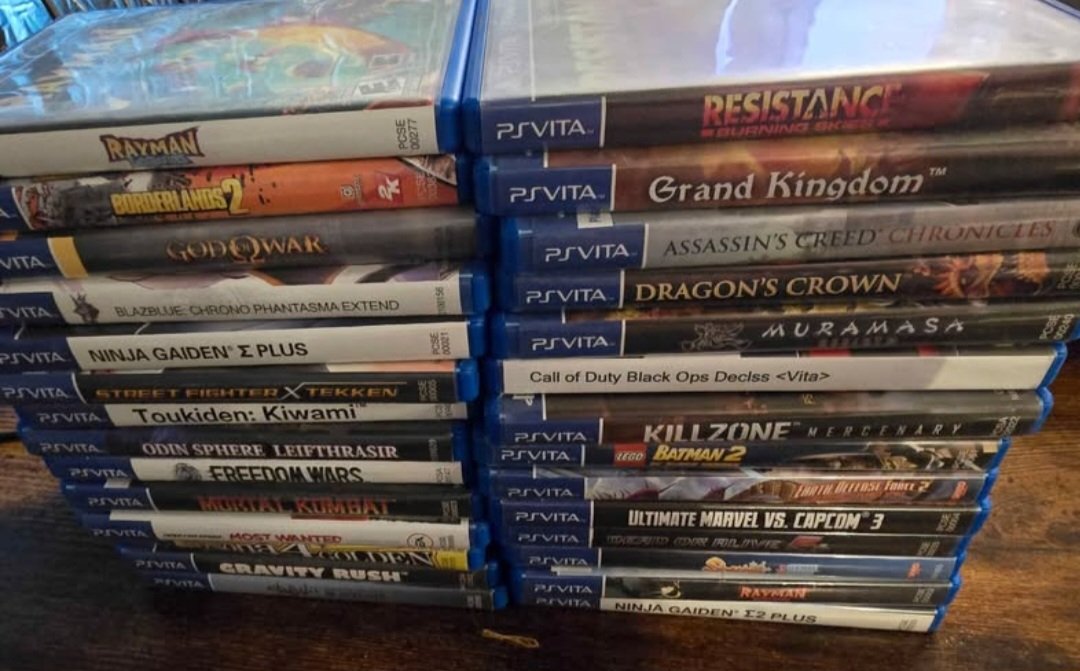 PhantomStationX's tweet photo. My PSVita collection.
Ive bought new, ive bought used. Has buying used games become synonymous with piracy lately? 
I buy when I can. I know devs need support. I buy used when Im strapped for cash upon release. Either way, its not my buisness how someone makes their purchases. https://t.co/t62yQzMJeB