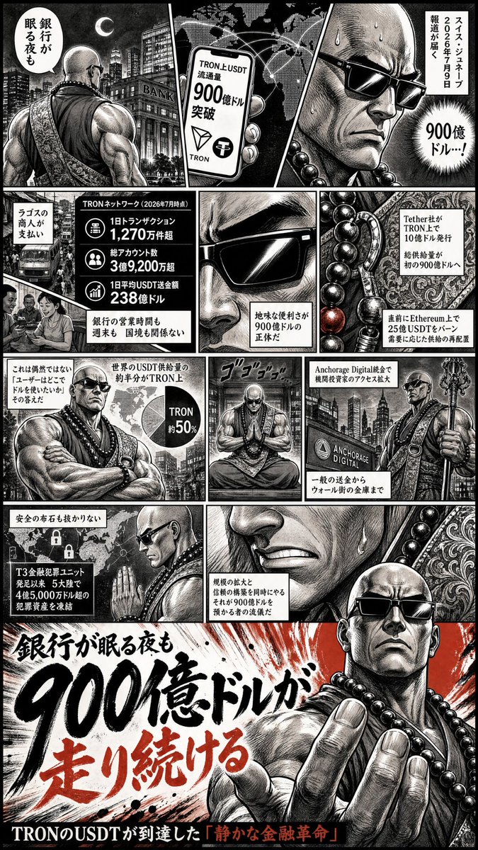 CHIBIKURO_QnQ's tweet photo. 銀行が眠る夜も900億ドルが走り続ける──
TRONのUSDTが到達した「静かな金融革命」

1️⃣900億ドルという「革命」

2026年7月9日、スイス・ジュネーブから届いた一報は、暗号資産の世界における一つの分岐点だった。TRON DAOは、TRONブロックチェーン上のUSDT流通量が900億ドルを突破したと発表したのである。

900億ドル。日本円にしておよそ13兆円。中堅国家の国家予算に匹敵するデジタルドルが、たった１つのブロックチェーンの上に載っている。しかもこの数字、飾りではない。

Token Terminalのデータによれば、TRONは年初来のUSDT送金量で全ネットワーク中トップを走り、その額は約4.2兆ドルに達する。日本のGDPに迫る金額が、半年ちょっとでこのネットワークを通過した計算だ。

2️⃣数字の裏にある「生活」

断言しよう。この話の主役は投機家ではない。生活者だ。
2026年7月時点でTRONは1日1,270万件超のトランザクションを処理し、総アカウント数は3億9,200万を突破。1日あたり平均238億ドルのUSDT送金を支えている。

ラゴスの商人が仕入れ代金を払い、ホーチミンの家族が仕送りを受け取る。銀行の営業時間も、週末も、国境も関係ない。手数料は数ドル、着金は数秒。この「地味な便利さ」こそが、900億ドルの正体である。

3️⃣Tether社の采配──2ヶ月の沈黙を破った10億ドル

今回の突破劇には伏線がある。Tether社はTRON上で10億ドル分のUSDTを新規発行し、これがネットワークの総供給量を初めて900億ドルの大台に押し上げたのだ。

しかも直前にはEthereum上で25億USDTをバーン(焼却)しており、Tether社が需要に応じてチェーン間で供給を再配分している構図が透けて見える。

つまりこれは偶然ではない。
「ユーザーはどこでドルを使いたいか」という問いに対する、市場からの回答なのだ。世界のUSDT供給量の約半分がすでにTRON上に存在するという事実が、その答え合わせである。

4️⃣機関投資家という「新しい客」、そして規制遵守

そしてもう一つの潮流が物語を次の章へ進める。
Anchorage DigitalによるTRONネットワークの統合により、規制されたカストディを通じた機関投資家のアクセスが拡大している。一般人の送金から、ウォール街の金庫まで。

創設者ジャスティン・サンは「USDTの利用拡大は、高速で効率的、そしてアクセスしやすいインフラへの需要の表れだ」と語り、ステーブルコインと伝統金融の接続強化に注力する姿勢を鮮明にした。

安全面の布石も抜かりない。Tethe社rおよびTRM Labsとの共同イニシアチブ「T3金融犯罪ユニット」は、発足以来5大陸で4億5,000万ドル超の犯罪資産を凍結した。規模の拡大と信頼の構築を同時にやる──これが900億ドルを預かる者の流儀だろう。

5️⃣革命は、静かに日常になる

歴史を振り返れば本物の革命とはいつも、気づいた時にはもう日常になっているものだ。900億ドルのデジタルドルは今日も、誰かの給料となり、仕送りとなり、商売の血液となって世界を巡っているのだ。

#TRONGlobalFriends #TGF
@trondao @TronDao_JPN