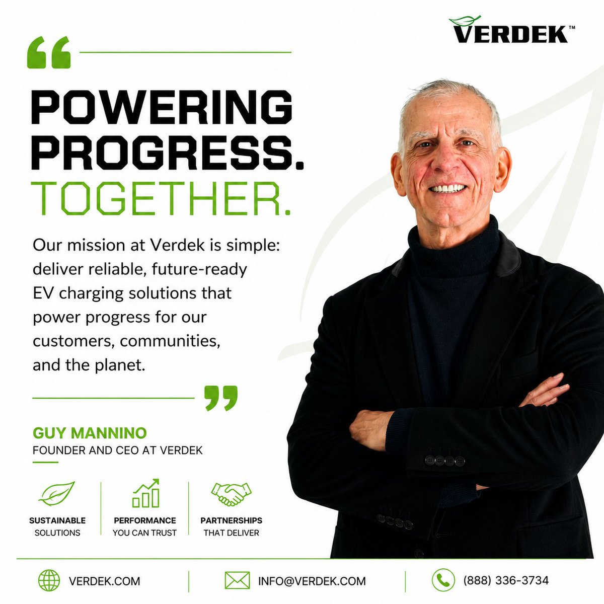 VerdekGreenTech's tweet photo. Powering Progress. Together.

"Our mission is simple: deliver reliable, future-ready EV charging solutions that power progress for our customers, communities, and the planet." 
-Guy Mannino | Founder &amp; CEO

#Verdek #EVCharging #Leadership #CleanTransportation #Innovation https://t.co/eGLbEyDPwt