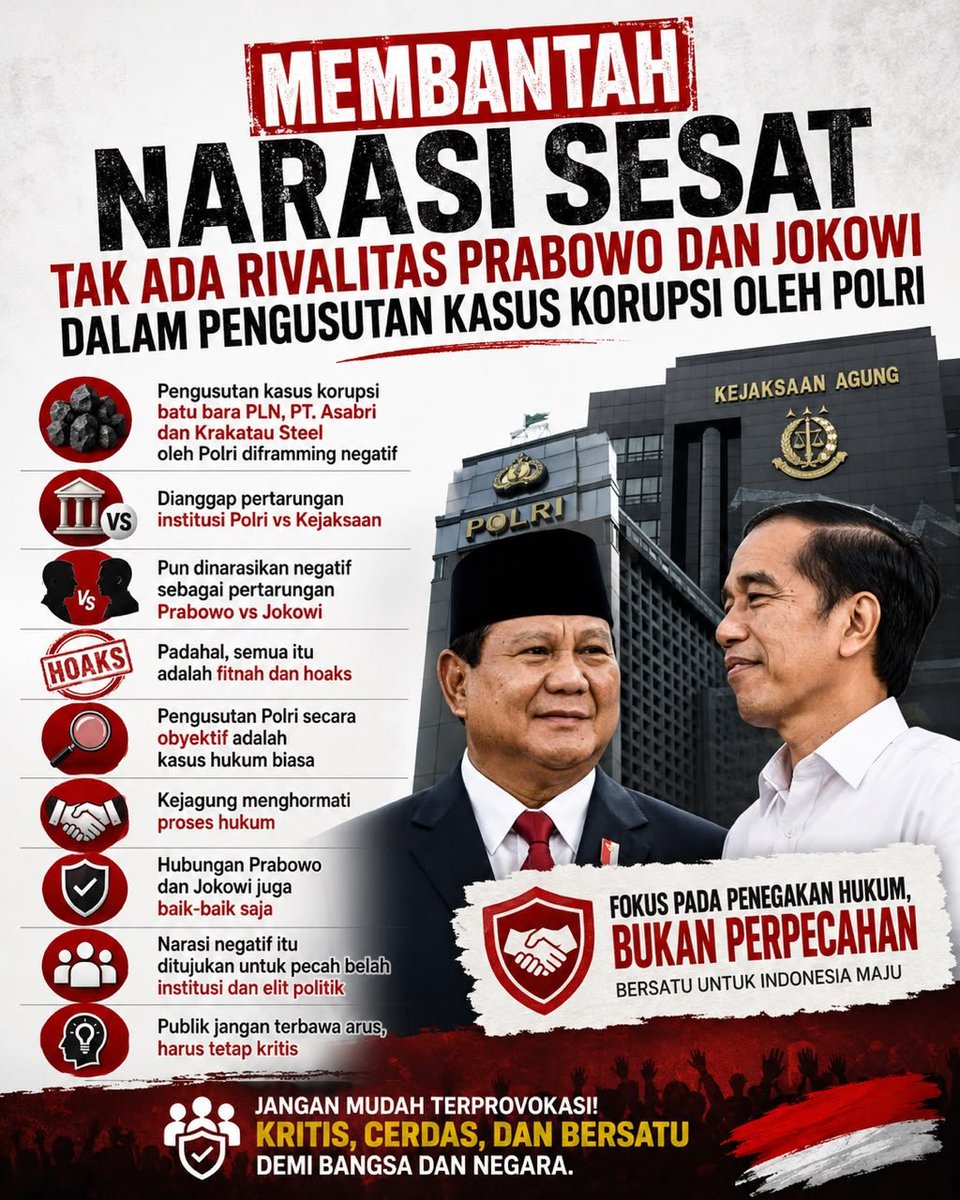 Berly_rani's tweet photo. Pengusutan korupsi di berbagai sektor strategis dilakukan secara profesional tanpa ada motif politik di baliknya. Kita wajib mendukung penuh tindakan hukum tersebut agar memberikan efek jera.
#DukungPenegakanHukum #BebasKorupsi #HukumTanpaPandangBulu https://t.co/vuQ06Ugrlz
