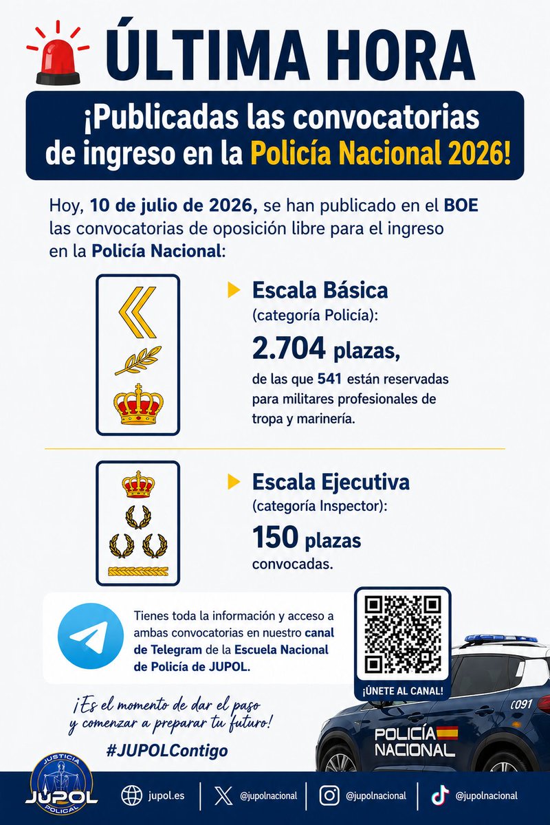 JupolNacional's tweet photo. #ÚLTIMAHORA 
¡Publicadas las convocatorias de ingreso a la Policía Nacional 2026!  

Hoy, 10 de julio de 2026, se han publicado en el BOE las convocatorias de oposición libre para el ingreso en la Policía Nacional:  

·Escala Básica (categoría Policía): 2.704 plazas, de las que 541 están reservadas para militares profesionales de tropa y marinería.  

·Escala Ejecutiva (categoría Inspector): 150 plazas convocadas.  

Tienes toda la información y acceso a ambas convocatorias en nuestro canal de Telegram de la Escuela Nacional de Policía de JUPOL: https://t.co/726m1zc4ws

¡Es el momento de dar el paso y comenzar a preparar tu futuro! #JUPOLContigo