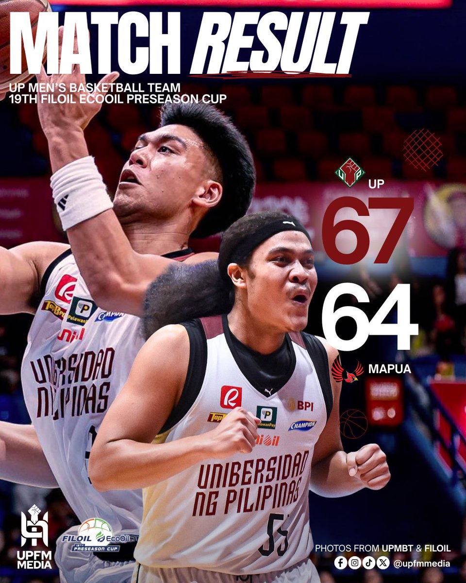 upfmmedia's tweet photo. UAAP REPRESENT! 

The Fighting Maroons break through the #Filoil quarterfinals after escaping Mapua, Six Seven-64 🥵 Congratulations, boys! 💚❤️

#UPFight✊🏼 #StrongerWithAllSports💪🏼 #UPMBT https://t.co/pJHZgFLLyY