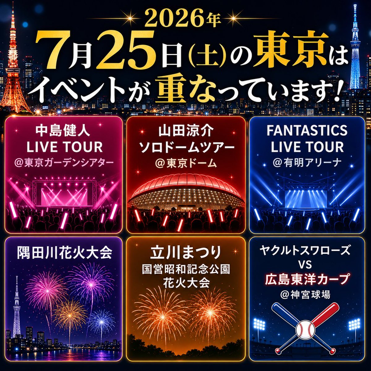 travelroad5's tweet photo. 今年の7月25日(土)の東京は

・中島健人LIVE TOUR@東京ガーデンシアター
・山田涼介ソロドームツアー@東京ドーム
・FANTASTICS LIVE TOUR@有明アリーナ
・隅田川花火大会
・立川まつり国営昭和記念公園花火大会
・ヤクルトスワローズVS広島東洋カープ@神宮球場

が重なっています。お出かけの際にはご注意下さい。