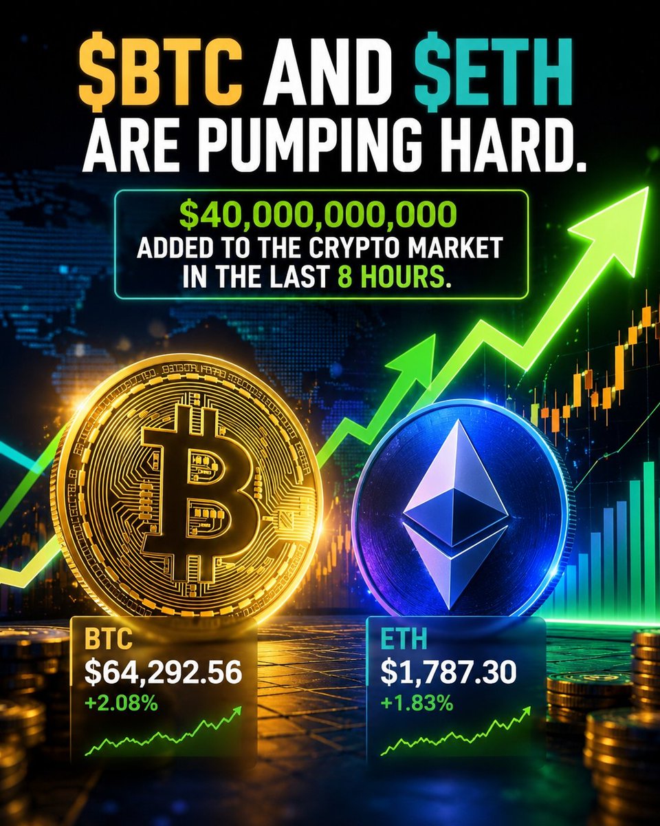 DanWarsh's tweet photo. 🚀 Bitcoin and Ethereum are on the move!

🟠 BTC: $64,000+
🔵 ETH: $1,780+

Over $40B has been added to the crypto market in the last 8 hours.
This could be just the beginning. 👀
#BTC #ETH #Crypto https://t.co/Xm8BX471JW
