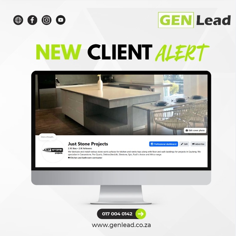 genlead_za's tweet photo. 🚨 New Client Alert! 💚🖤

We’re excited to welcome Just Stone Projects to the GenLead family!

Thank you for trusting us with your brand’s online presence. We look forward to helping showcase your beautiful stone surfaces, quality workmanship and professional projects to the right audience.

Here’s to smart strategies, real results and growing your brand online! 🚀

📞 017 004 0142
🌐 [https://t.co/vzz0JBxmyi](https://t.co/vzz0JBxmyi)

#GenLead #NewClientAlert #JustStoneProjects #SmartStrategiesRealResults #SocialMediaMarketing #BrandGrowth #StoneSurfaces #DigitalMarketing