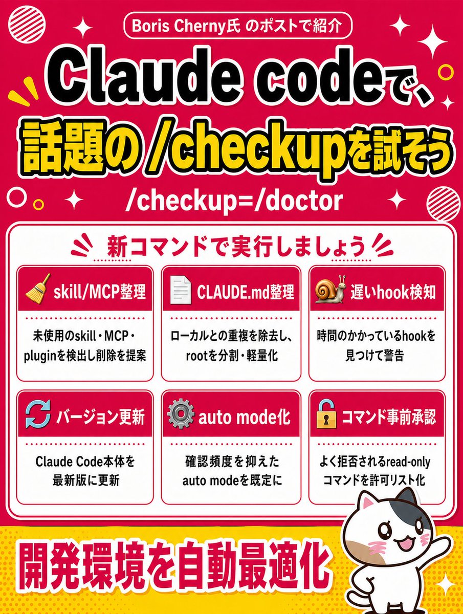 Courier2011_inc's tweet photo. Claude Codeの「/checkup」が話題ですが、実は前からある「/doctor」と同じ機能です🔍

Boris Cherny氏(@bcherny)のポストで紹介された「/checkup」、Claude Codeユーザーの間で話題になっています。
でも項目を1つずつ確認すると、すでにある「/doctor」の診断内容とぴったり一致していました🤝

 🤔 /doctorって何？
 Claude Codeの「健康診断」をしてくれるコマンドです。
 自分で1つずつ調べるのではなく、/doctorと打つだけで、使っていないskillやMCP、重くなったCLAUDE.mdなどをまとめて洗い出してくれます💡

 ✨ 話題の7項目、全部/doctorでカバー済み
1️⃣  使っていないskill/MCP/pluginを整理してコンテキストを節約
2️⃣  ローカルのCLAUDE.mdを共有のCLAUDE.mdと重複除去
3️⃣  ルートのCLAUDE.mdを分割し、必要な時だけ読み込むskillや個別CLAUDE.mdに整理
4️⃣  遅いhookをオフに
5️⃣  Claude Code本体を最新バージョンに更新
6️⃣  auto modeを標準の動作モードに設定
7️⃣  よく拒否されるread-onlyコマンドを事前承認

しかも/doctorはこれを勝手に実行しません。見つけた内容を提案として見せてから、実行してよいか確認してくれます🛡️ 

💡 使うコツ
提案が出たら、いきなりOKを押さずに一度内容を読むこと。「これは消していい/消したくない」を自分の言葉で伝えると、狙った通りの整理になります。

🚀 始め方
Claude Codeで /doctor と打つだけ。今すぐ試せます。